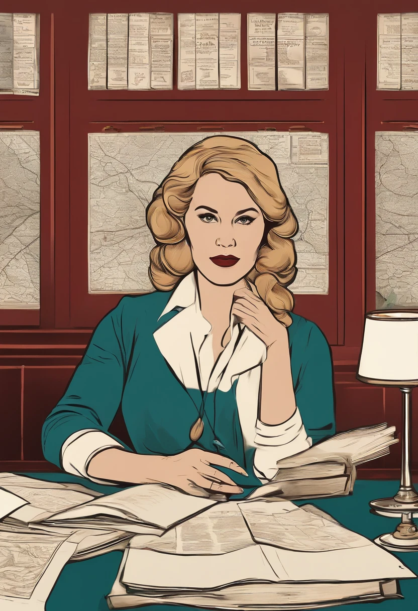An image of Serena sitting at a desk in a dimly lit room, surrounded by maps, files, and a flickering candle.,The Handmaid's Tale,Serena Joy, a pivotal character in “The Handmaid’s Tale,” exudes a composed and elegant demeanor, her appearance characterized by the traditional, modest attire mandated for wives in Gilead, often in shades of teal. Her poised exterior, with meticulously styled hair and a stern yet beautiful face, belies the complexity and turmoil beneath.