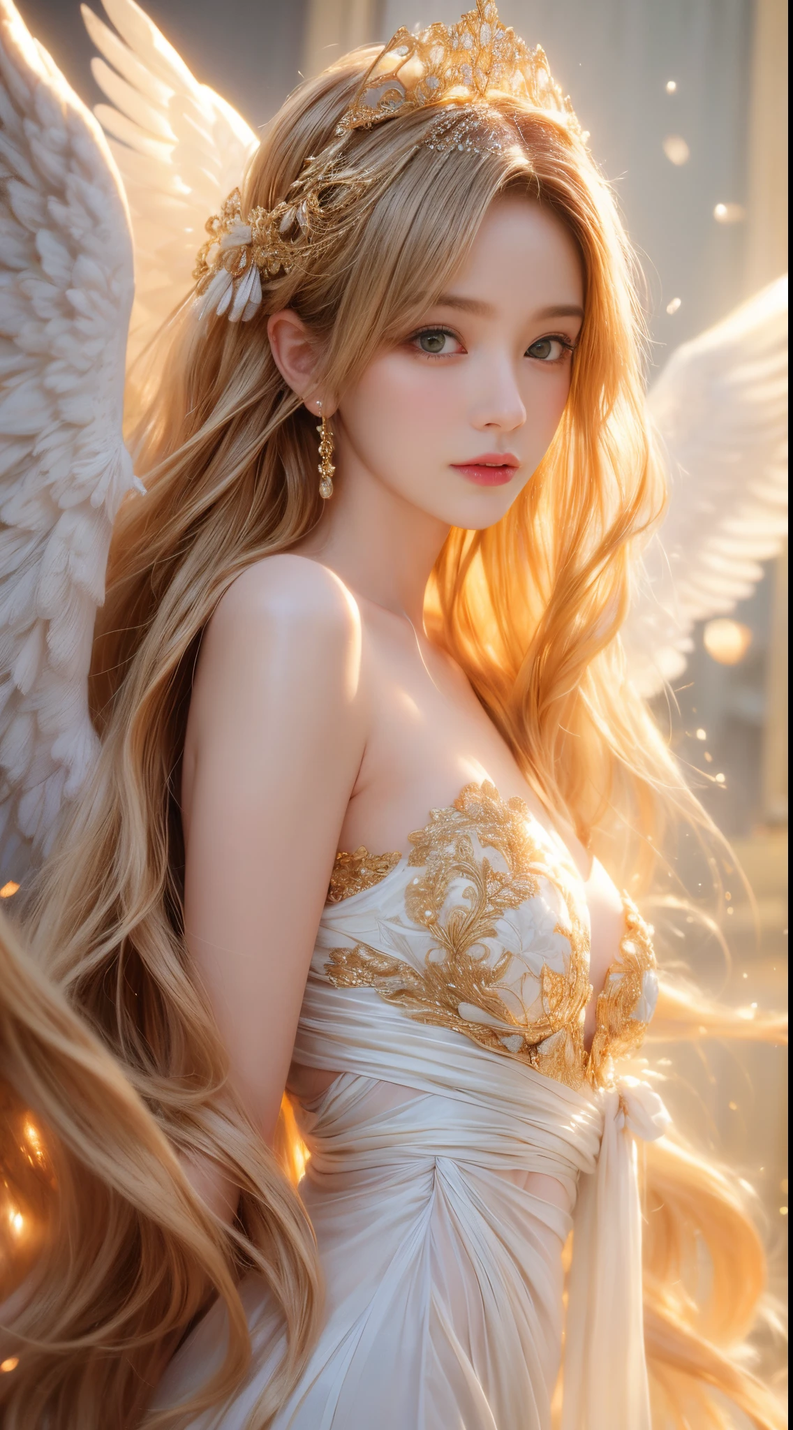 (best quality,4k,8k,highres,masterpiece:1.2),ultra-detailed,realistic,beautiful girl,golden long hair,angelic halo,white angel wings,fantasy style,vivid colors,soft lighting,ethereal atmosphere,natural surroundings,serene expression,sheer dress,floating,graceful posture,airy feel