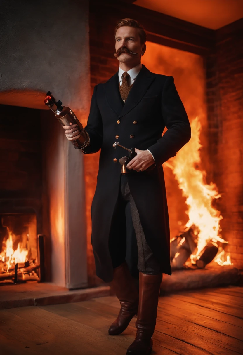 A close-up of FireplaceFrank wearing a fireproof suit and holding a fire extinguisher, standing in front of a fireplace engulfed in flames.,original,FireplaceFrank has red hair and a handlebar moustache