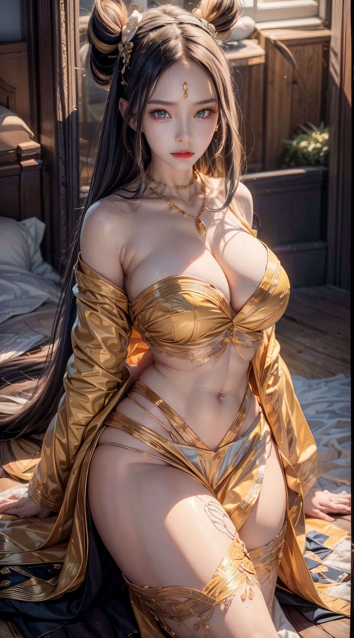 realistic, 1girls, best quality, 12k, HD, long hair, big round breasts, cleavage, ponytail, necklace, jewelry, shorts, short jacket, slim hips, hair tie, yellow eyes, black hair, super detailed, Detail eyes, hair details, person details, mouth details, face details, breast details, clothes details, hair details, pants details, hand details, whole body