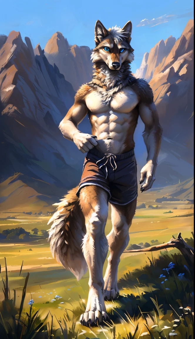 ((Solo)), male people, anthro wolf, (Multi-colored fur, White-brown:1.3,White tail pointed), (Height 2.1m,Tail length 1.2m), ((Wolf face, White hair, Big eyes, White eyelids, Blue pupil, Slim:1.2) (Tough, Calm expression:1.2)), Abs, Slim, pinging)), (Correct anatomy), (Work shorts:1.1), The upper body is naked, (detailed outfits),A long big tail,Feet,(Realistic fur, Detailed fur texture, labeled:1.3)), (Natural lighting), Photorealistic, Hyperrealistic, ultradetailed, by Kenket,Endless grasslands,There are no trees,There are no big stones,No artificiality,erect through,Running on