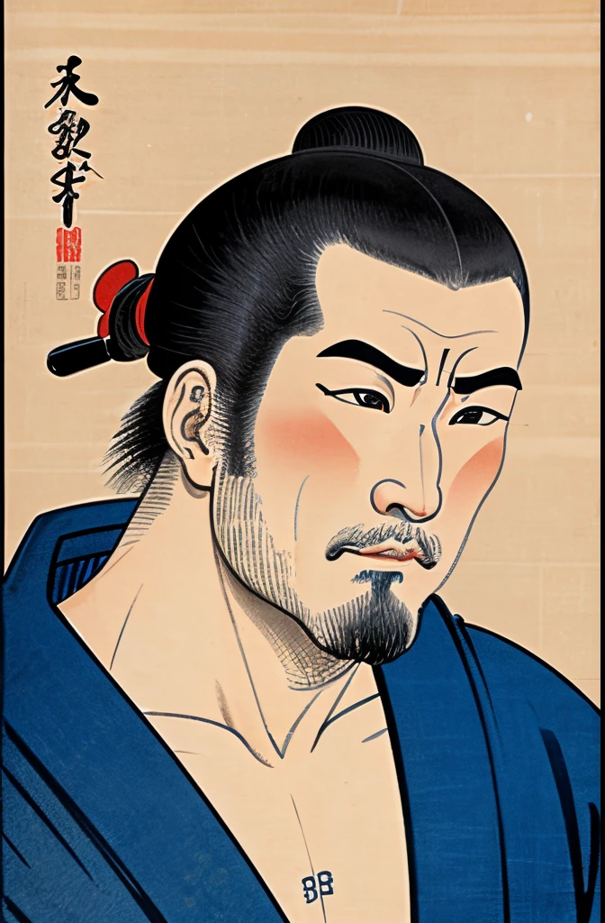 a ukiyo-e of man, in Hokusai Katsushika, front view, looking the camera, no background