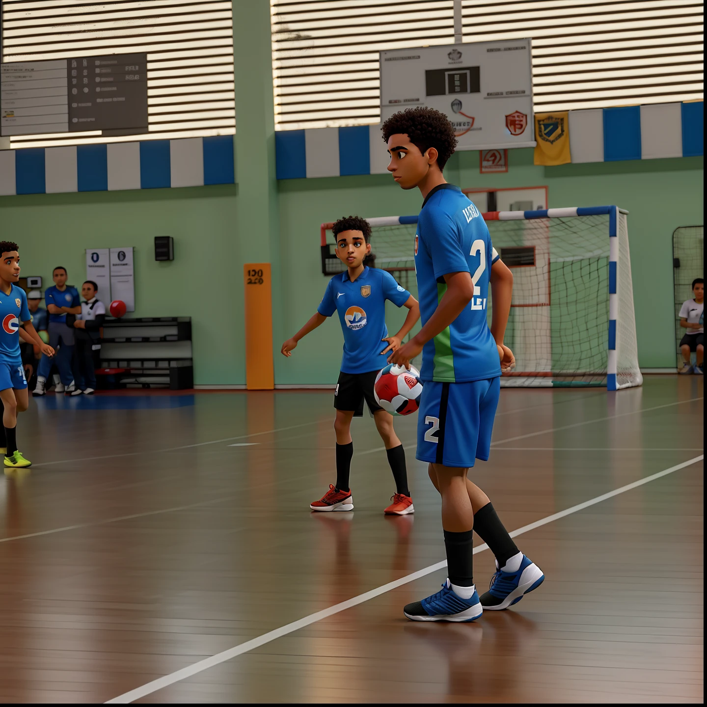 Um jogador de futsal em uma quadra, disputando um campeonato