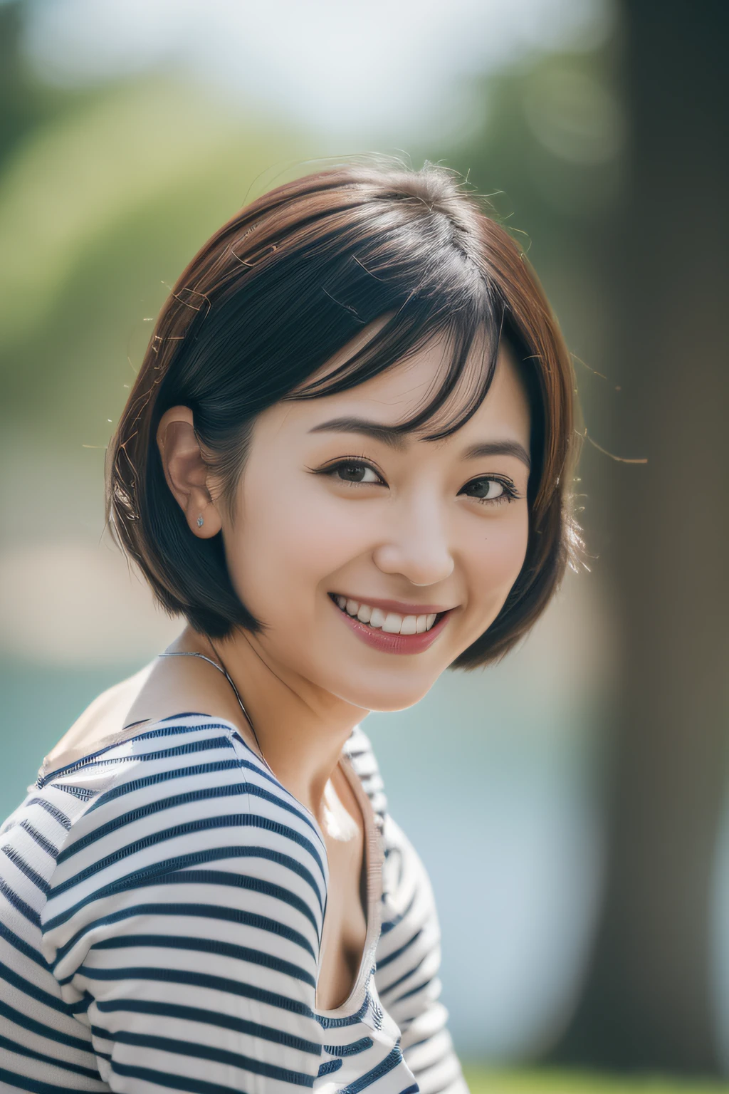 (best quality,8K,32K,masterpiece:1.2), beautiful Japanese woman, black short hair, (leaning forward:1.3), crouching, (bird's-eye view:1.2), (close-up:1.4), perspective, looking at another person, smiling, loose T-shirt, outdoors, (average-sized breasts:1.4), blurred background