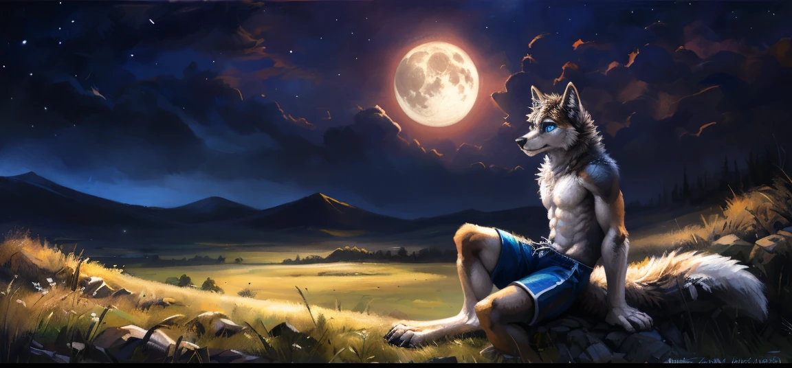 ((Solo)), male people, anthro wolf, (Multi-colored fur, White-brown:1.3, White tail pointed), (Height 2.3 meters,Tail length 1.2m), ((Wolf face, White hair, Big eyes, White eyelids, Blue pupil, Slim:1.2) (Tough, Calm expression:1.2)), Abs, Slim, pinging)), (Correct body anatomy), (Work shorts:1.1), The upper body is naked, (detailed outfits),A long big tail，Feet，Long legs，(Realistic fur, Detailed fur texture, labeled:1.3)), (Natural lighting), Photorealistic, Hyperrealistic, ultradetailed, by Kenket，the night，Sit alone，Endless grasslands，Look at the full moon，It was dark，Starry