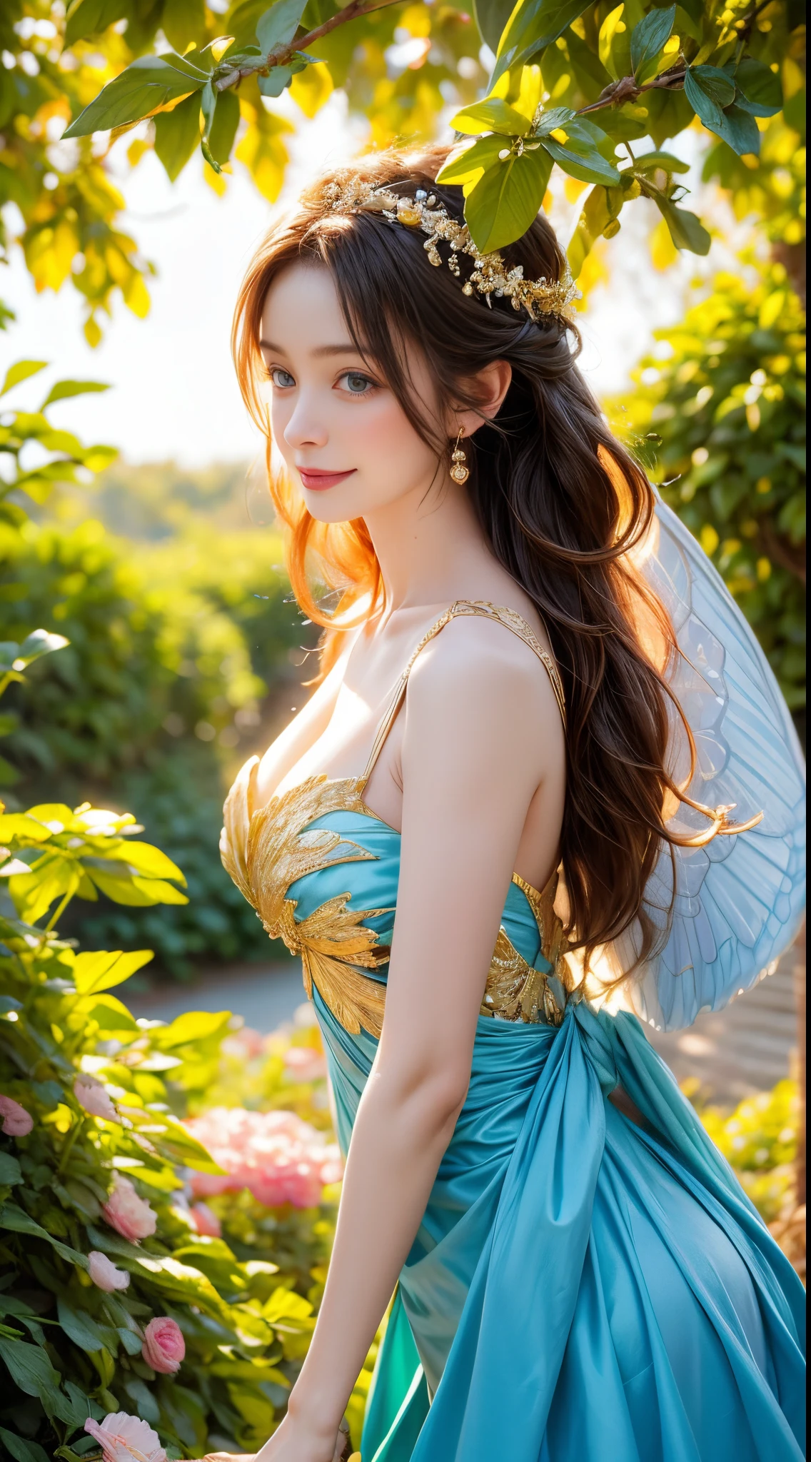 ,butterfly wings,soft and glowing skin,sparkling blue eyes,playful smile,flowing golden dress,standing in a vibrant garden,with blooming flowers and lush greenery,under the warm sunlight,exuding an ethereal aura,creating a sense of serenity and beauty,like a goddess from a fairy tale,floating in the air with grace and enchantment,portrayed in a realistic and surrealistic art style,warm and vibrant color palette,accentuating the magical atmosphere,soft and diffused lighting,illuminating every delicate detail with perfection.