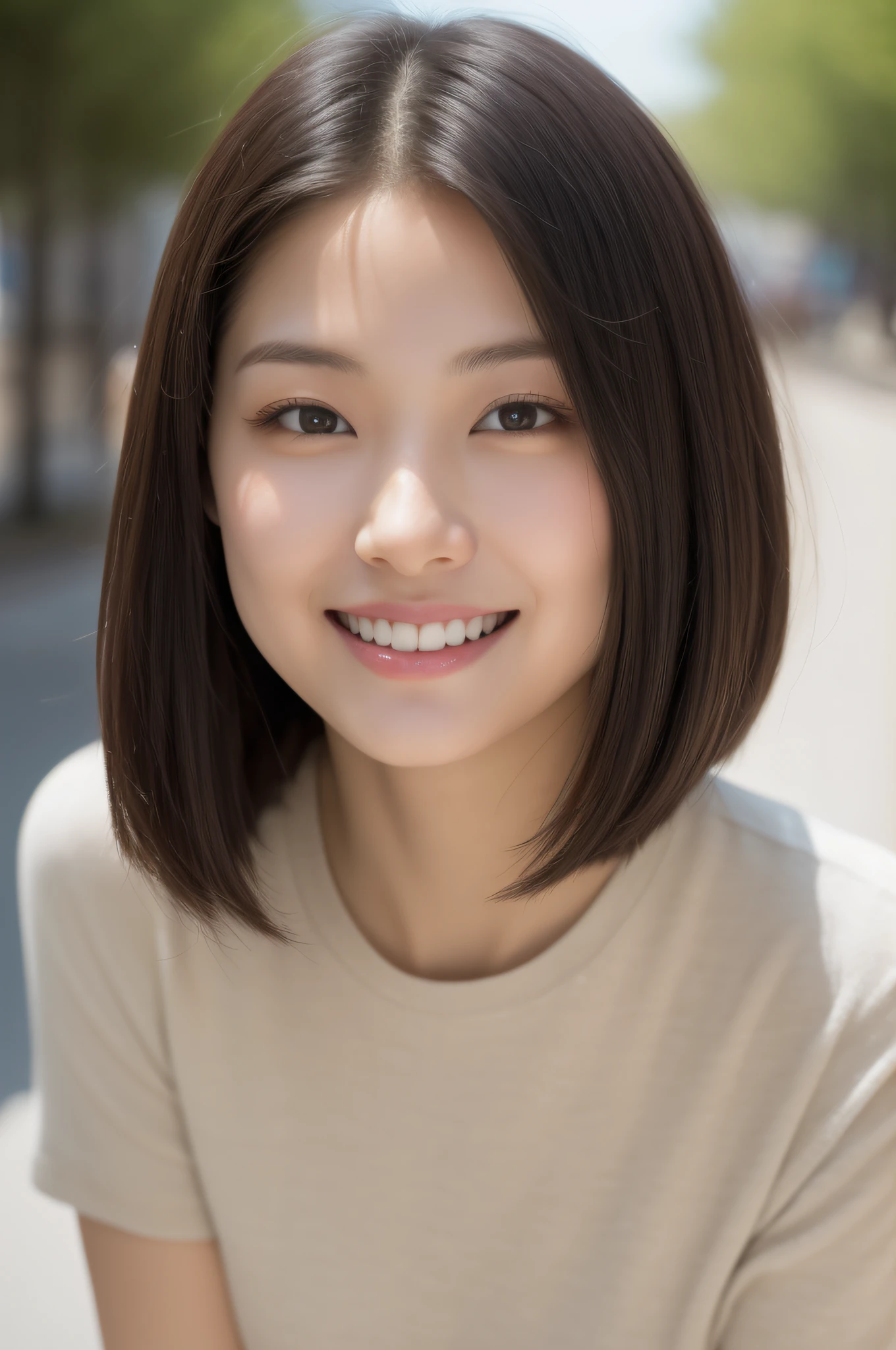 (best quality,8K,32K,masterpiece:1.2),beautiful Japanese woman with black short hair,leaning forward:1.3,crouching,bird's-eye view:1.2,close-up:1.4,looking at another person,smiling,fine-knit turtleneck:1.6,outdoor scene with a windy autumn street background,glowing skin