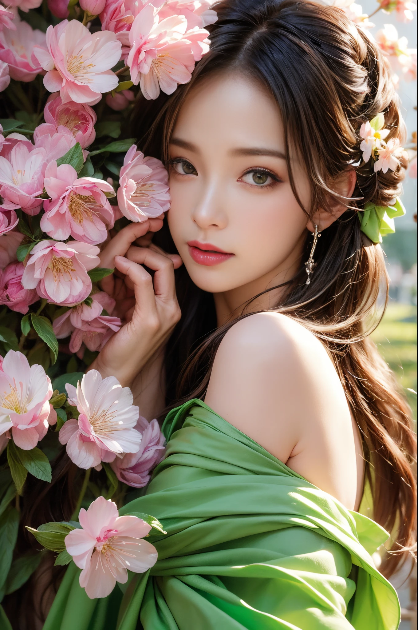 (Best quality,4K,8K,A high resolution,tmasterpiece:1.2),ultra - detailed,(actual,realistically,realisticlying:1.37),beautidful eyes,beautiful detailed lips,Extremely detailed eyes and face,Long eyelashes,1 girl,illuminations,medium,Colorful flowers,green leaf,soft sun light,calm expression,vibrant with colors,Lush grass,light wind,tranquil ambiance,Clear detail,Ink painting and watercolor,Contrast and depth,Highly realistic rendering,Elegant female figure,A flowing dress,Cherry blossom trees are in full bloom.