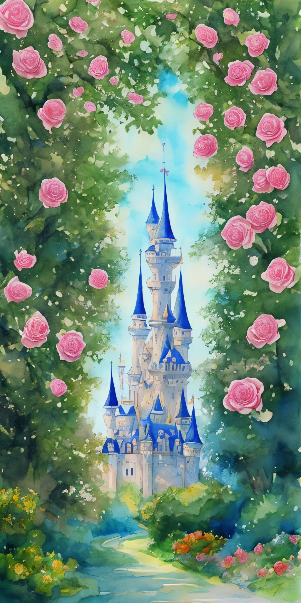 Enchanted fairytale woods with a castle and roses Alice and wonderland water color