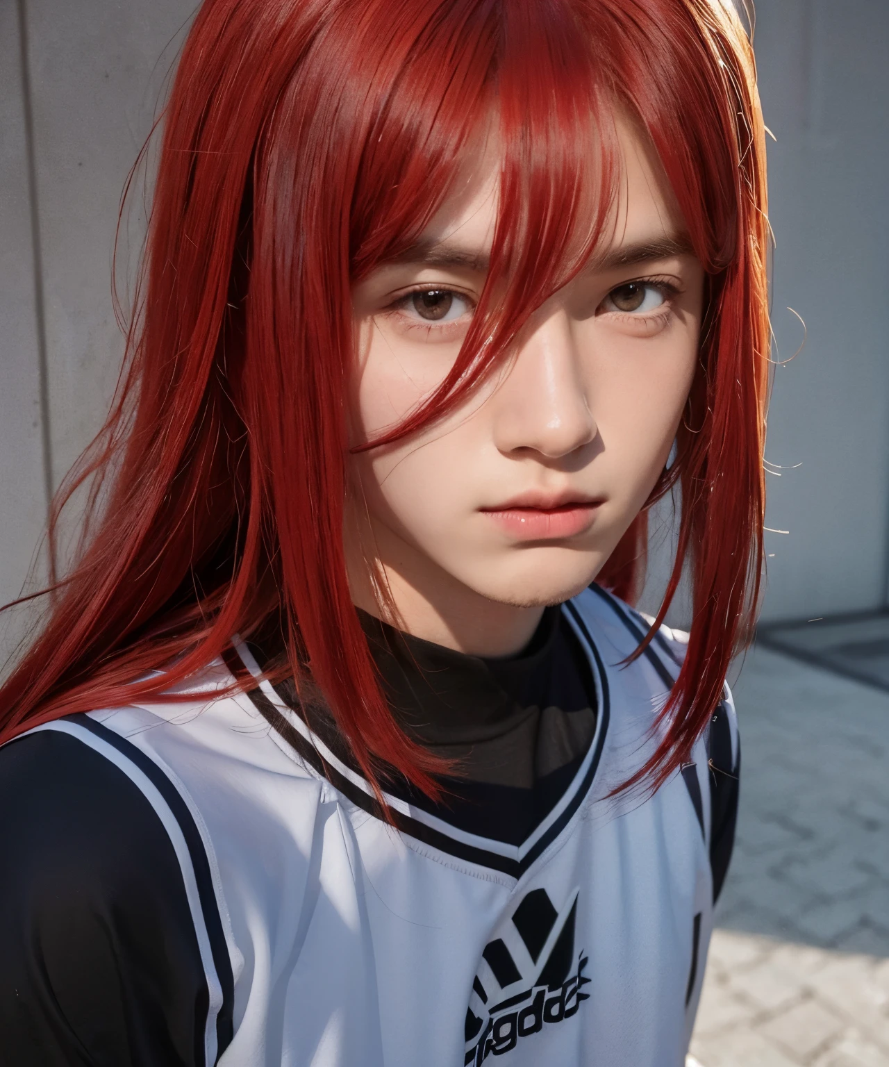 A teenage boy with realistic long red hair, the same realistic hairstyle, realistic handsome face, Realistic cool expressions, adapt realistic sportswear, realistic light, realistic shadows, realistic background