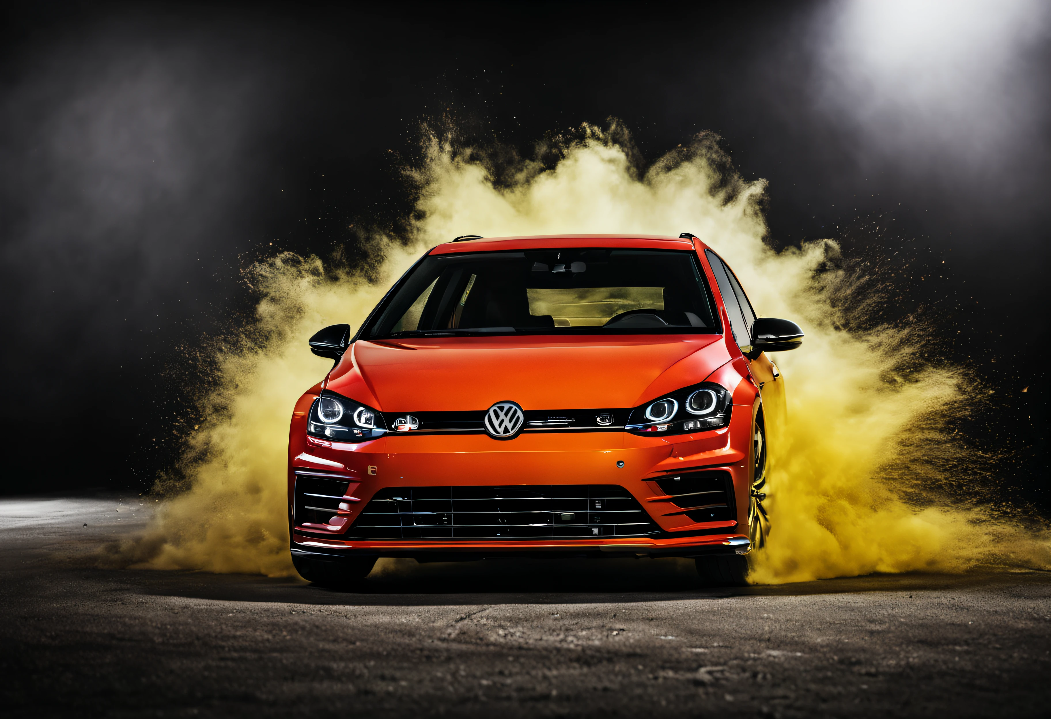 Volkswagen Golf VII R, black background, paint exploding in the background