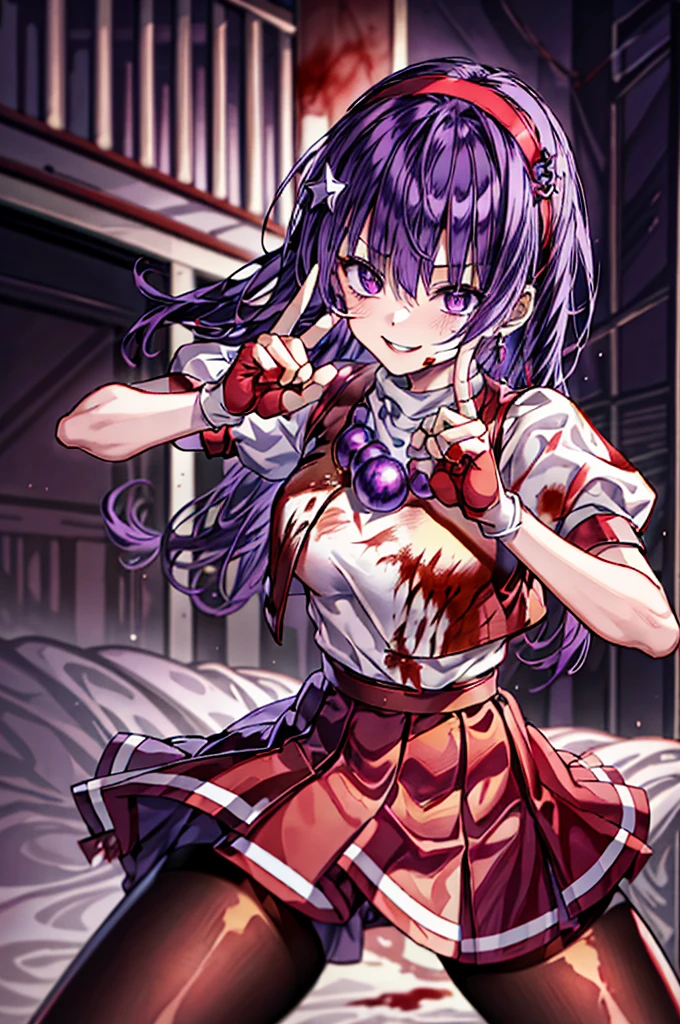 (masterpiece)、(top-quality)、(ultra-detailliert)、intricate detailes、athena97、(1girl in)、独奏、Purple eyes、Purple hair、length hair、White earrings、red hairband、Star hair ornament、Medium Breath、Red vest、White turtleneck、White Puff Sleeves、shortsleeves、Red pleated skirt、(Crimson pantyhose:1.2)、Black pantyhose、Yellow belt、purple sphere shape necklace、Red fingerless gloves、White short socks、Red shoes、evil smile、NSFW、Cowboy Shots、blurry backround、anime styled、(Blood on the face:1.4)、(Fighting stance:1.4)