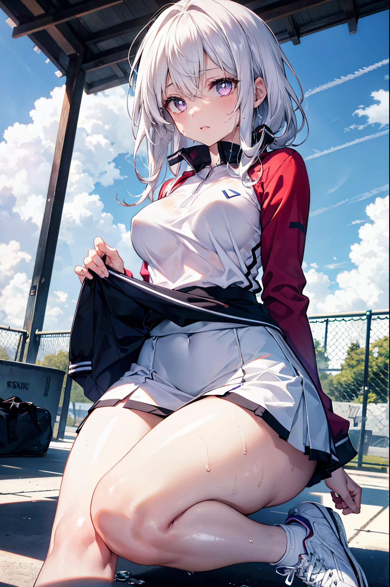 1girl, alone, white polo, white sneakers, tennis, white miniskirt, best quality, realistic, hyper-detailed, (shiny, sweaty skin:1.4), absurd, looking at viewer, long white hair, purple eyes, slender, dynamic lighting, tall resolution, sharp focus, depth of field, detailed eyes, sharp pupils, realistic pupils, (medium breasts: 1.6), (thick thighs: 1.0), thin waist, outdoor, sky