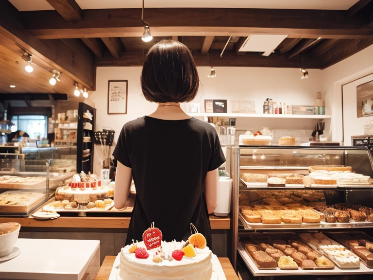 femele、1 persons、24 year old、Shorthair、a cake、cafes、Cross your arms behind your back