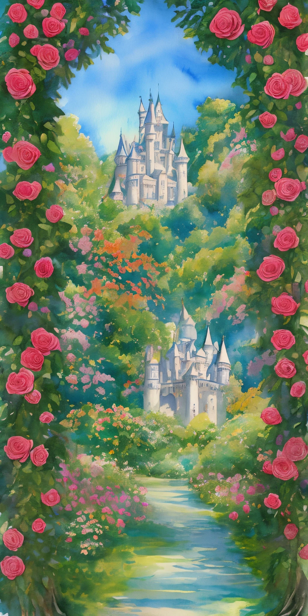 Enchanted fairytale woods with a castle and roses Alice and wonderland water color