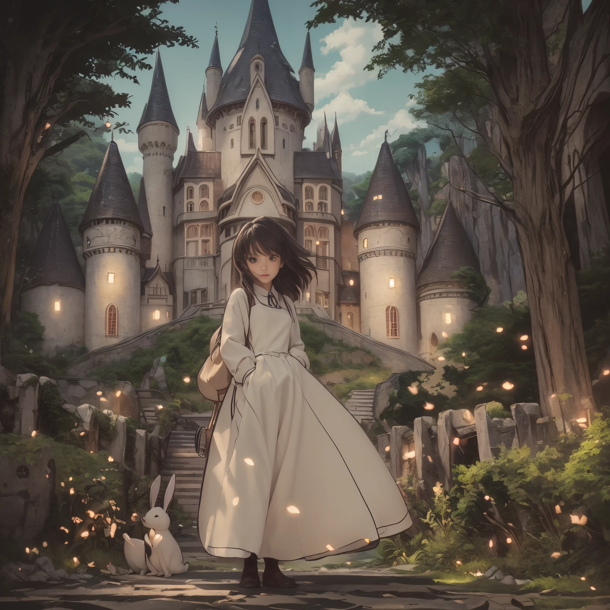 (Raw photo:1.2), (Photorealistic), Beautiful detailed girl, Very detailed eyes and face, Beautiful detailed eyes, Huge file size, High resolution, Very detailed, Best Quality, [masutepiece:1.6], Illustration, Very detailed, Fine detail, Best Quality, 8K Wallpaper, Movie Lighting,A  from the world of Ghibli., Ghibli Forest,Beautiful face, Underwear only,  ghibli style bra, ghibli style pants, Ghibli's Worldview, Ghibli-style castle