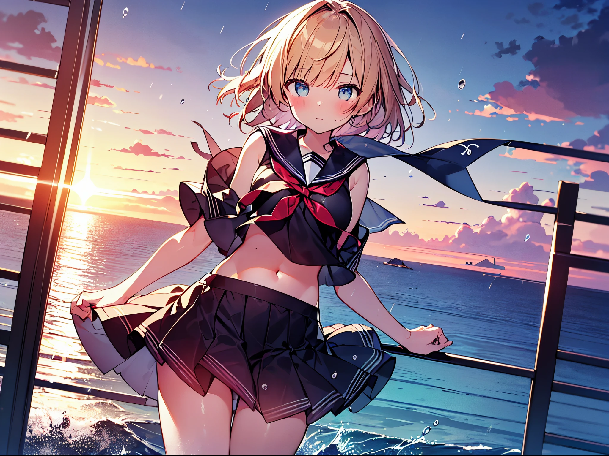 masutepiece, Best Quality,Illustration, Wallpaper, Ultra Detail, absurderes, 1girl in, Solo, (Medium short hair、short braided hair), Beautiful detailed eyes, beautiful detailed fingers,with blush cheeks,after rain , (ocean type:1.3), Sunset sky after rain、Hair that flutters in the wind,(a panoramic view:1.3),(Sense of depth:1.5),(longshot:1.3)、early evening、(Sunset sky),a sailor suit,I can see my stomach、Navel is visible、a short skirt,(thigh visible),The ribbon on my chest is fluttering in the wind,(moderate shaking)