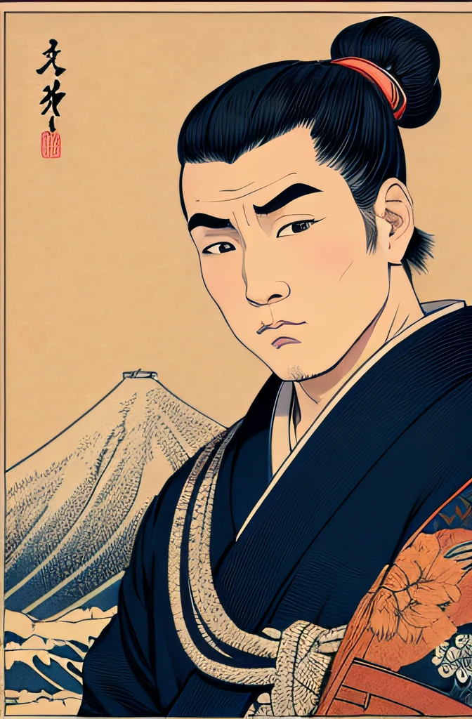 a ukiyo-e of man, in Hokusai Katsushika, front face, no background
