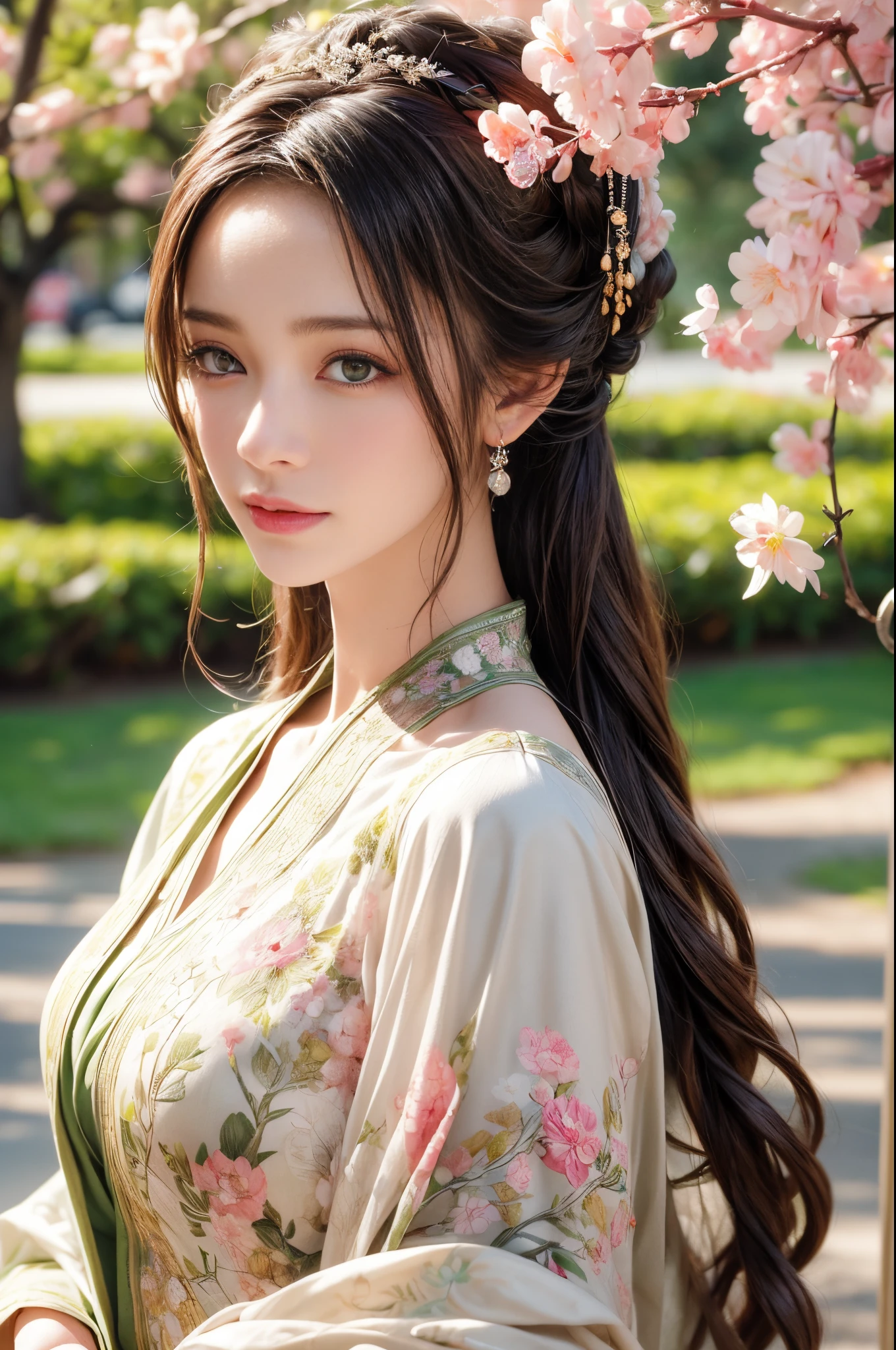 (Best quality,4K,8K,A high resolution,tmasterpiece:1.2),ultra - detailed,(actual,realistically,realisticlying:1.37),beautidful eyes,beautiful detailed lips,Extremely detailed eyes and face,Long eyelashes,1 girl,illuminations,medium,Colorful flowers,green leaf,soft sun light,calm expression,vibrant with colors,Lush grass,light wind,tranquil ambiance,Clear detail,Ink painting and watercolor,Contrast and depth,Highly realistic rendering,Elegant female figure,A flowing dress,Cherry blossom trees are in full bloom.