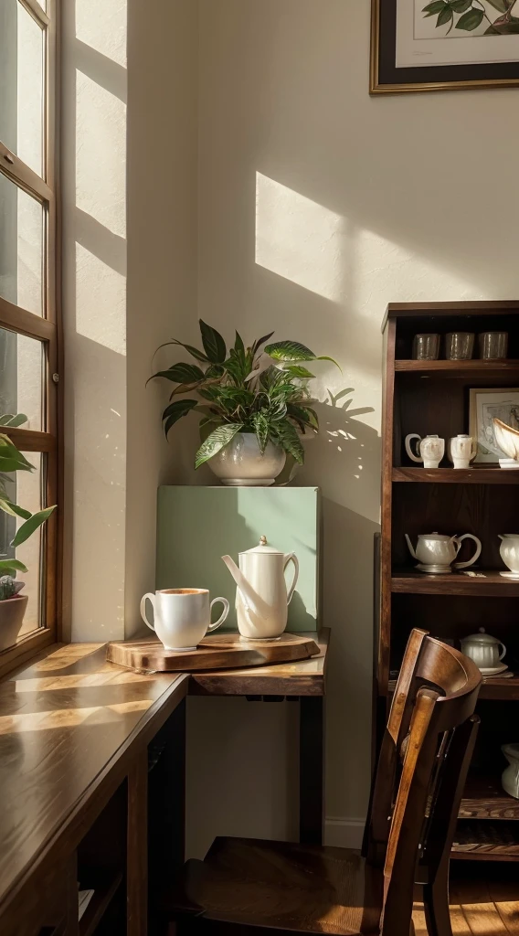(Best quality,4K,A high resolution,tmasterpiece:1.2),ultra - detailed,actual,Cinematic,comfortably,gentlesoftlighting,A corner of the cafe,turtle taro,dispassionate,unwind,serene,Quiet,,glass window,wood furnishings,Premium,Premium,Tiled floor,faded paint,barista brew,Espresso machine,A steaming white ceramic coffee cup,counter,menu board,cozy arm chairs,bookshelves,art wall decoration,eye-catching light and shadow,Peaceful atmosphere,green plant,aromatic coffee aroma,warm color palette,Mottled sunlight,soft music,Deep voice,houseplant,Soothing atmosphere,Inviting,Escape the hustle and bustle of the city
