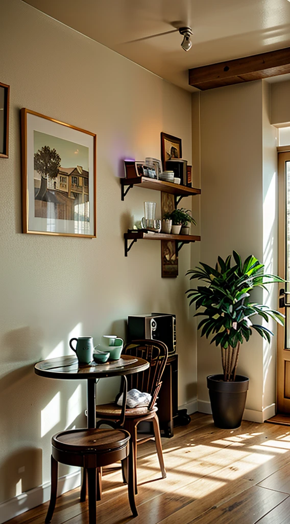 (Best quality,4K,A high resolution,tmasterpiece:1.2),ultra - detailed,actual,Cinematic,comfortably,gentlesoftlighting,A corner of the cafe,turtle taro,dispassionate,unwind,serene,Quiet,,glass window,wood furnishings,Premium,Premium,Tiled floor,faded paint,barista brew,Espresso machine,A steaming white ceramic coffee cup,counter,menu board,cozy arm chairs,bookshelves,art wall decoration,eye-catching light and shadow,Peaceful atmosphere,green plant,aromatic coffee aroma,warm color palette,Mottled sunlight,soft music,Deep voice,houseplant,Soothing atmosphere,Inviting,Escape the hustle and bustle of the city