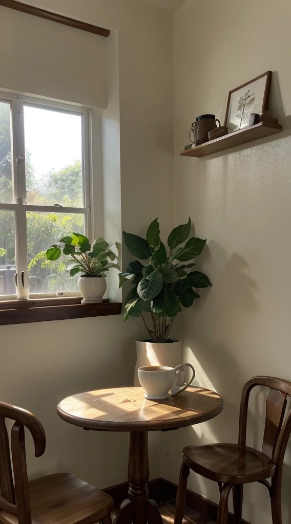 (Best quality,4K,A high resolution,tmasterpiece:1.2),ultra - detailed,actual,Cinematic,comfortably,gentlesoftlighting,A corner of the cafe,turtle taro,dispassionate,unwind,serene,Quiet,,glass window,wood furnishings,Premium,Premium,Tiled floor,faded paint,barista brew,Espresso machine,A steaming white ceramic coffee cup,counter,menu board,cozy arm chairs,bookshelves,art wall decoration,eye-catching light and shadow,Peaceful atmosphere,green plant,aromatic coffee aroma,warm color palette,Mottled sunlight,soft music,Deep voice,houseplant,Soothing atmosphere,Inviting,Escape the hustle and bustle of the city