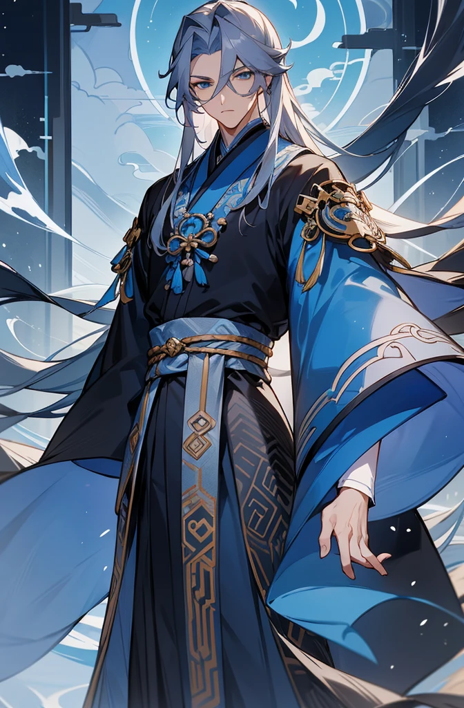 1 persons，Mature male，cabelos preto e longos，Black and blue clothes，独奏，（natta，starrysky，：1.2）Long gray hair, eBlue eyes,Chinese folk tales，swordsman，dynamic angle，