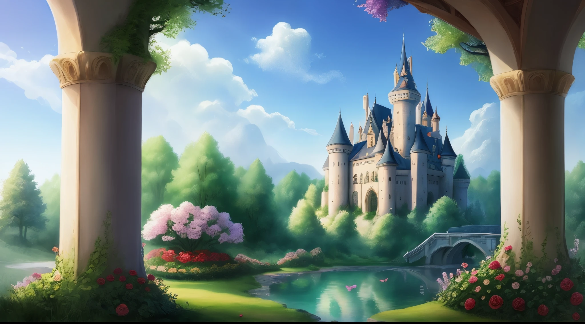 Enchanted fairytale woods with roses and castle tea party water color