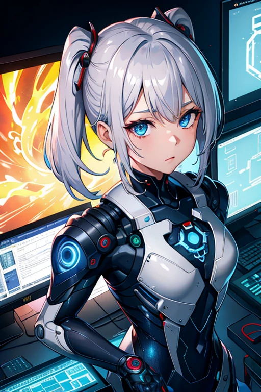 hight resolution, top-quality, illustratio, ultra-detailliert, (A detailed face), (A detailed eye), 电影灯光, top-quality, ultra-detailliert, ​masterpiece,1girl in, 独奏, Silver hair, blue eyess, bangss, poneyTail, Mechanical spine, Exo suit, Wires and cables, Bright eye, medium chest, llight rays, (colourfull), sitted, From  above, cool tones, computers, 科幻小说