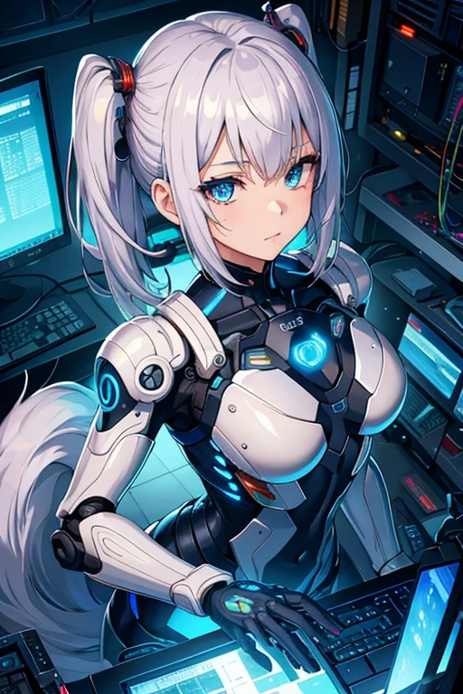 ((highest quality)),(ultra high resolution),(Super detailed),(detailed description),((best CG)),(best work of art),super precision art,great drawing art,(Sci-fi art with precise details:1.5), (1 woman:1.6),(beautiful and well-shaped face:1.5),smile:1.7,((A complex mechanical body with intricate details:1.5)),(Luminous body embedded in the body:1.7), (she is standing in the control room:1.8),(robot arms surrounding her:1.7)
