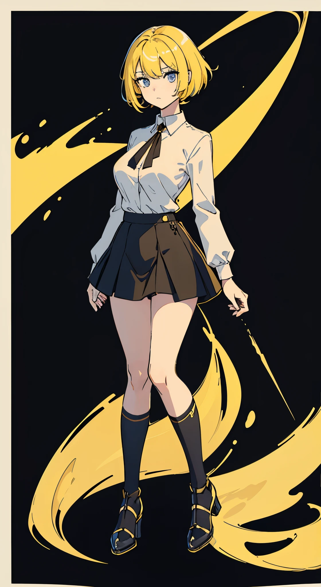 Perfect proportion,perfect body, masterpiece, high quality, high details, (yellow hair), (1woman), full body, ((medium hair)), idle pose,white shirt, black short skirt. Tall, all black background. Mid boobies. No background. PNG image