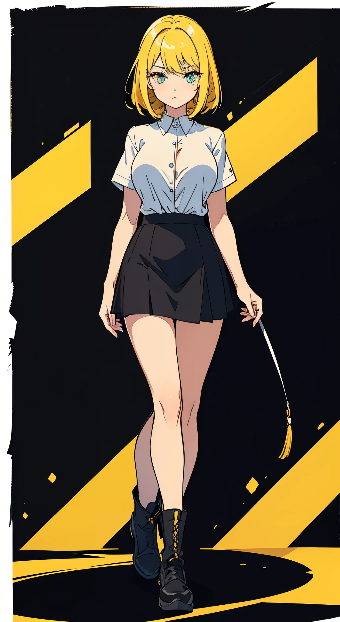 Perfect proportion,perfect body, masterpiece, high quality, high details, (yellow hair), (1woman), full body, ((medium hair)), idle pose,white shirt, black short skirt. Tall, all black background. Mid boobies. No background. PNG image