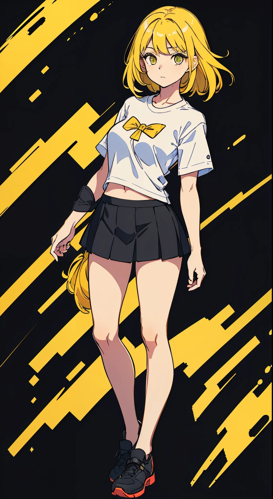 Perfect proportion,perfect body, masterpiece, high quality, high details, (yellow hair), (1woman), full body, ((medium hair)), idle pose,white shirt, black short skirt. Tall, all black background. Mid boobies. No background. PNG image