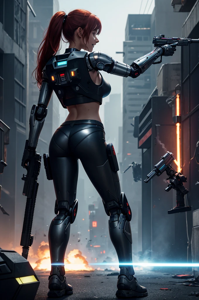 Full body shot, {(The girl)} and {(The robot)}。{(The girl) has red hair and two ponytails and green eyes, Wearing a bomber jacket, Crop top and denim shorts, Armed with a laser rifle, The girl stood with a laser rifle in hand shooting the laser rifle }。{(The robot) has a metal head Silver and metallic body, Didn't wear any clothes, lying down, face down, dead with smoke rising from body},smile, grin, happy, holding laser rifle, shooting, shooting the laser rifle, guns blazing, guns flaring, rapid fire, explosions, explodes, kill robot, kill robot, kill robot, destroy robot, robot attack, robot attack, robot pounce, robot lunge, robot attack, robot exterminate, terminator robot attack, dead robot, dead robot, broken robot, malfunctioning robot, dead robot, destroyed robot, robot remains, robot broken into several parts, {{{cyberpunk city warzone}}}, cinematic lighting, 200 mm, in cyberpunk city, frontal shot, side profile shot, rear shot, back shot, behind shot, full body shot, masterpiece, highly detailed
