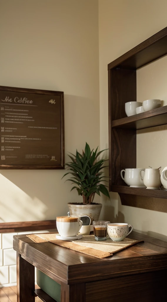 (Best quality at best,4K,A high resolution,tmasterpiece:1.2),ultra - detailed,actual,Cinematic,comfortably,gentlesoftlighting,A corner of the cafe,Turtle Taro,chill out,unwind,serene,Quiet,,glass window,wood furnishings,Premium,Premium,Tiled floor,faded paint,barista brew,Espresso machine,Steaming white ceramic coffee cup,counter,menu board,cozy arm chairs,bookshelves,art wall decoration,eye-catching light and shadow,Peaceful atmosphere,green plant,aromatic coffee aroma,warm color palette,Mottled sunlight,soft music,Deep voice,houseplant,Soothing atmosphere,Inviting,Escape the hustle and bustle of the city