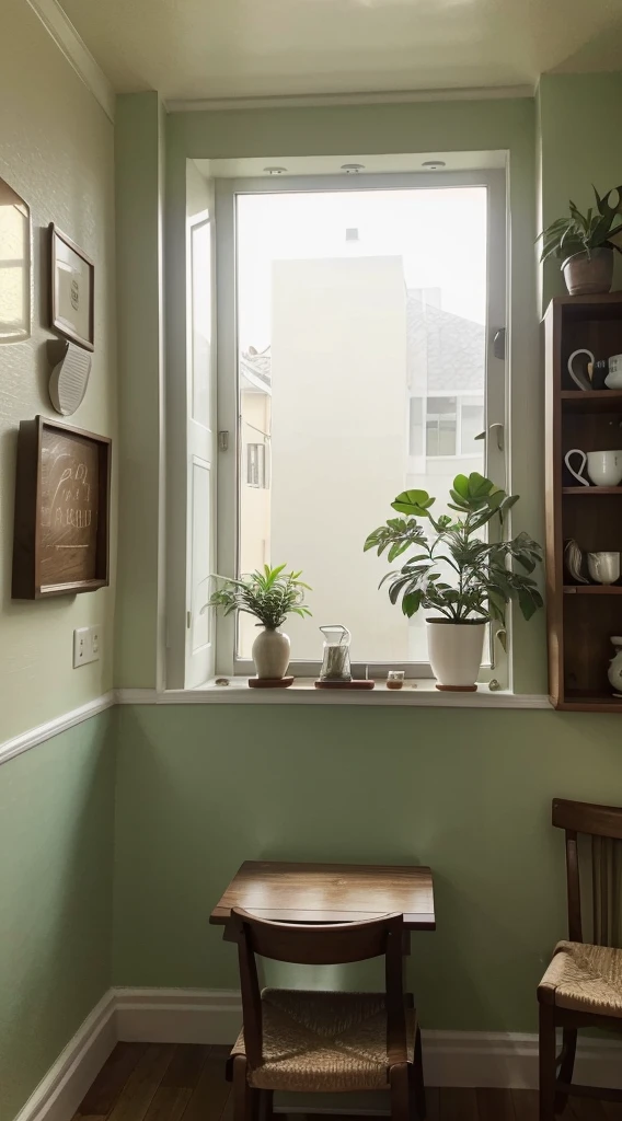 (Best quality at best,4K,A high resolution,tmasterpiece:1.2),ultra - detailed,actual,Cinematic,comfortably,gentlesoftlighting,A corner of the cafe,Turtle Taro,chill out,unwind,serene,Quiet,,glass window,wood furnishings,Premium,Premium,Tiled floor,faded paint,barista brew,Espresso machine,Steaming white ceramic coffee cup,counter,menu board,cozy arm chairs,bookshelves,art wall decoration,eye-catching light and shadow,Peaceful atmosphere,green plant,aromatic coffee aroma,warm color palette,Mottled sunlight,soft music,Deep voice,houseplant,Soothing atmosphere,Inviting,Escape the hustle and bustle of the city