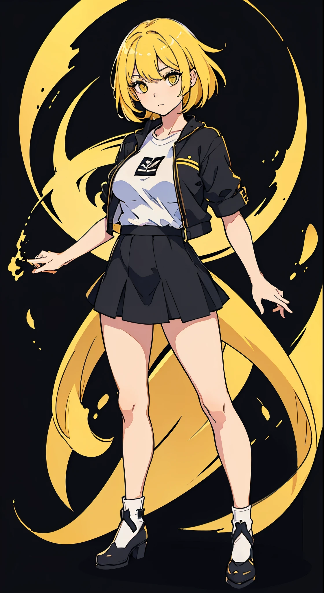 Perfect proportion,perfect body, masterpiece, high quality, high details, (yellow hair), (1woman), full body, ((medium hair)), idle pose,white shirt, black short skirt. Tall, all black background. Mid boobies. No background. PNG image