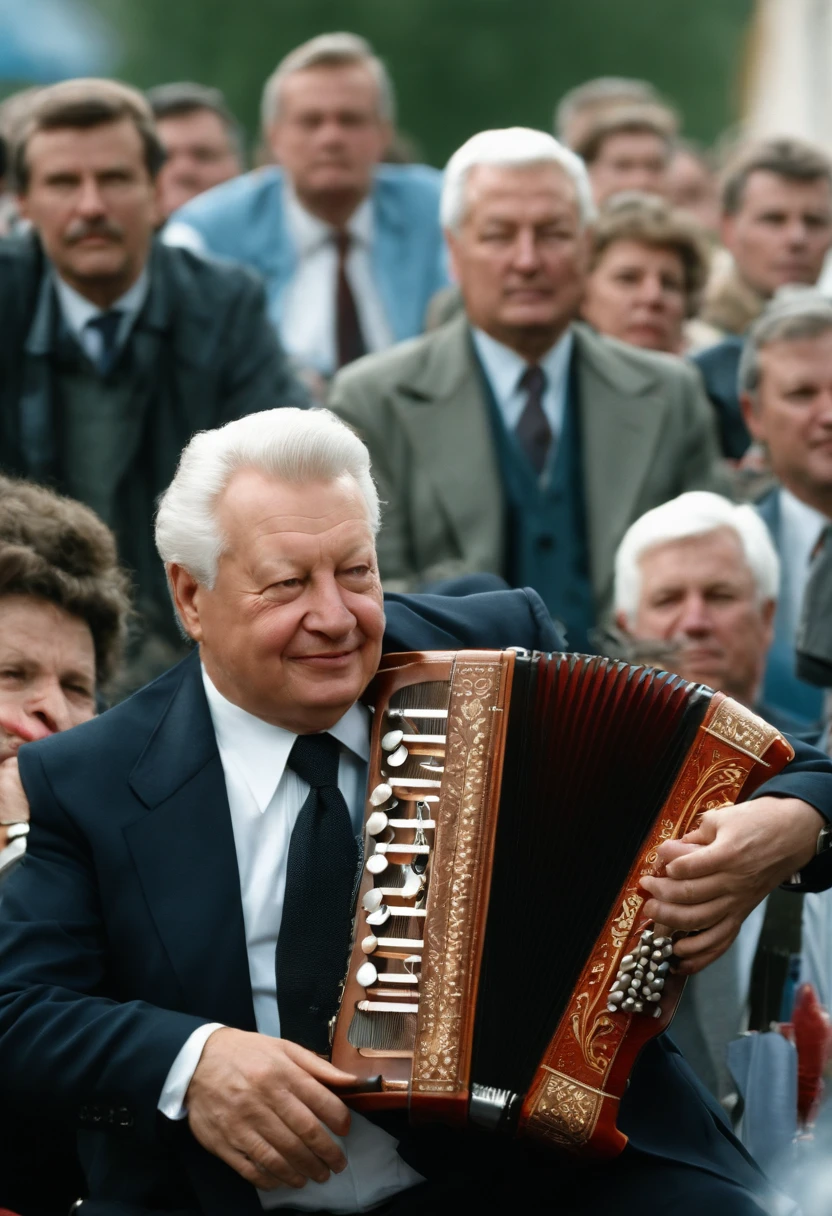 A photo of Yeltsin passionately playing the accordion at a local street festival.,The Russian Federation,Yeltsin was of average height, standing at around 5 feet 8 inches (173 cm) tall. He had a sturdy and somewhat stocky build, with a noticeable roundness to his figure.
Facial Features: Yeltsin had a round face with a prominent jawline. He had a fair complexion, often appearing flushed or rosy-cheeked, which was sometimes attributed to his drinking habits. His face was characterized by deep-set blue eyes that conveyed a sense of intensity and determination. Yeltsin had thinning gray hair, which he typically wore short.
Expressive Eyes: Yeltsin's eyes were often described as expressive and animated. They had a lively and sometimes piercing quality, reflecting his strong personality and passionate nature.
Attire: Yeltsin's fashion sense was known for being relatively casual and unassuming. He often appeared in public wearing business suits, typically in dark colors such as blue or gray. On more informal occasions, he would opt for less formal attire, occasionally wearing sweaters or sport coats.
Body Language: Yeltsin's body language was often described as energetic and dynamic. He had a tendency to gesticulate with his hands while speaking, emphasizing his points with animated gestures. Yeltsin's physical movements were often characterized by a sense of vigor and purpose, reflecting his assertive and active approach to politics.
Over the years, the effects of aging became more apparent in Yeltsin's appearance. As he served multiple terms as President of Russia, his hair continued to gray, and wrinkles became more prominent. These signs of aging were often mentioned in media portrayals of Yeltsin during his later years in office.
Yeltsin's body language was often described as dynamic and active. He would often move around the stage or podium while speaking, using his gestures and physical movements to engage the audience. Yeltsin's body language conveyed a sense of urgency and purpose, reflecting his determination to bring about change.