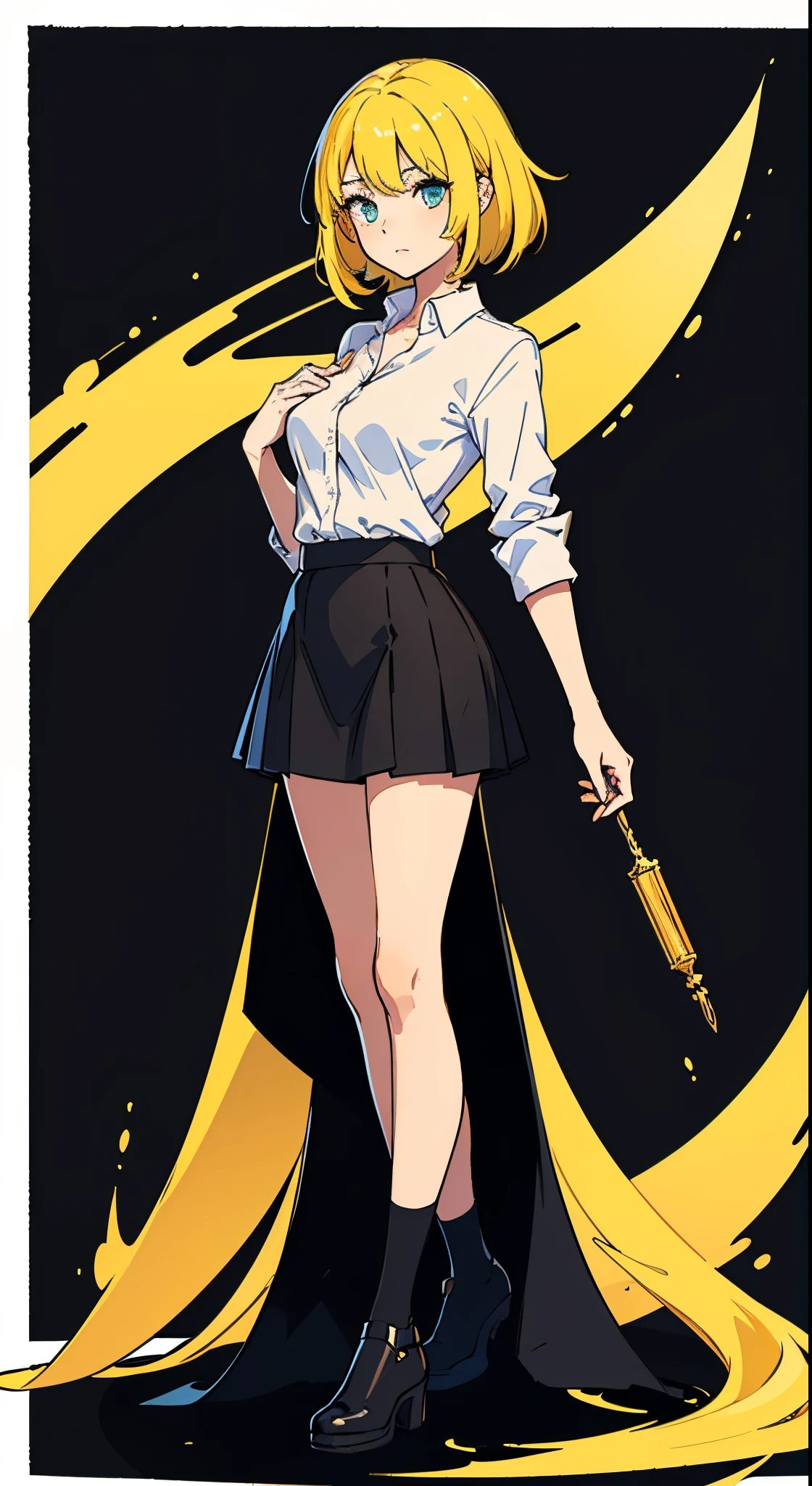 Perfect proportion,perfect body, masterpiece, high quality, high details, (yellow hair), (1woman), full body, ((medium hair)), idle pose,white shirt, black short skirt. Tall, all black background. Mid boobies. No background. PNG image
