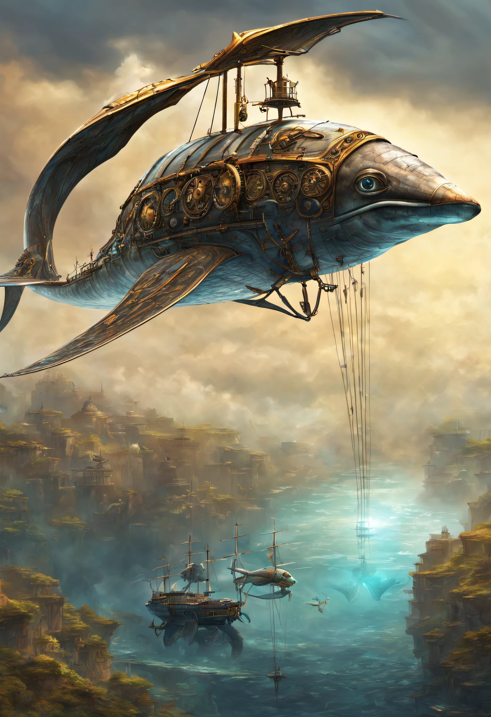 A beautifull and realistic ornithopter,steampunk biomeca alien whale . Lot of textured and colored. a beautifull world it visible and galaxy too