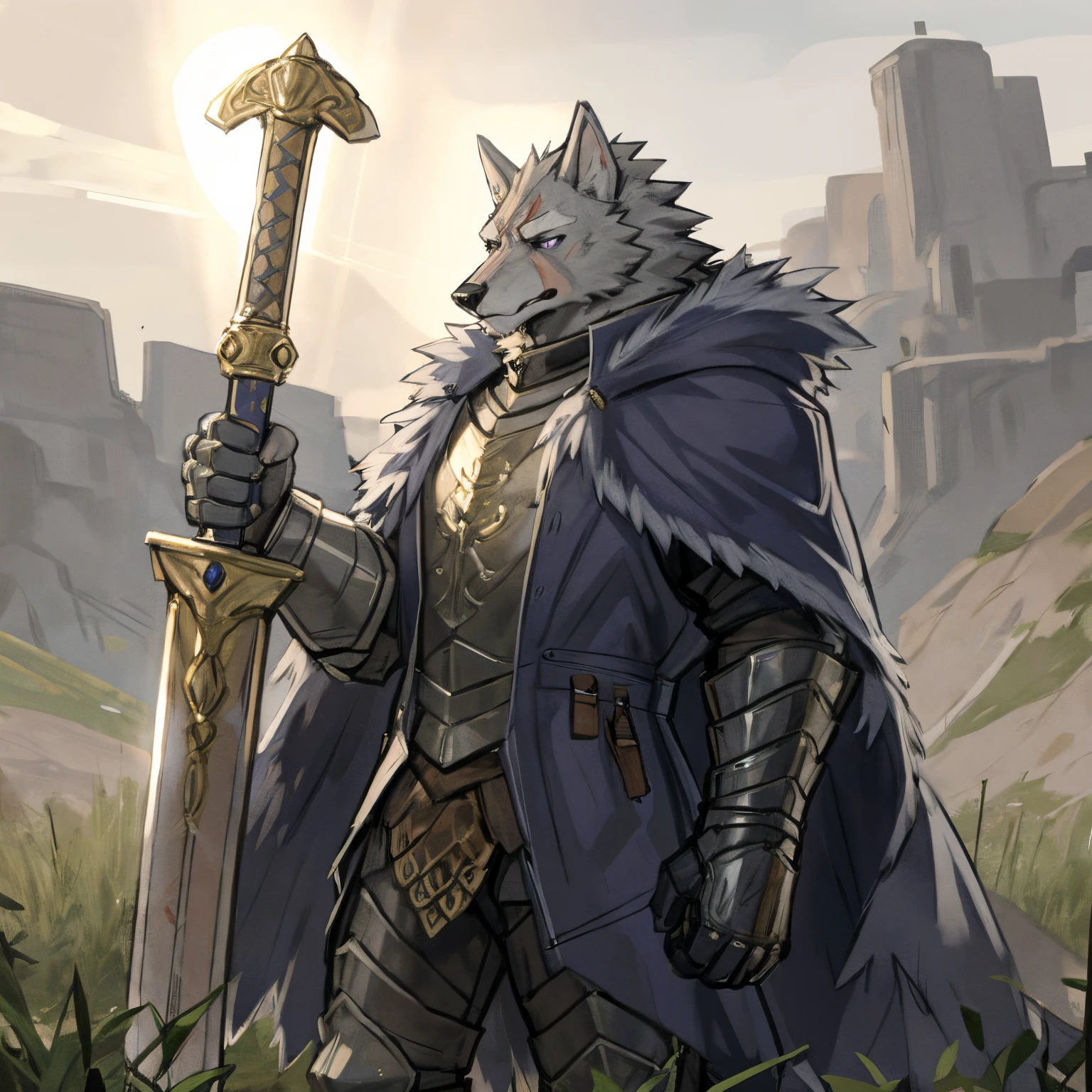 ((best quality, high res, perfect scenario)), Blaaid, wolf, 1male, solo, detailed eyes, gray fur, scar, tail, serious face, purple eyes, black sclera, muscular, dark blue furry coat, armor, in the field, holding  a Great Sword, by K0BIT0WANI, by Zackary911, by Bebebebebe