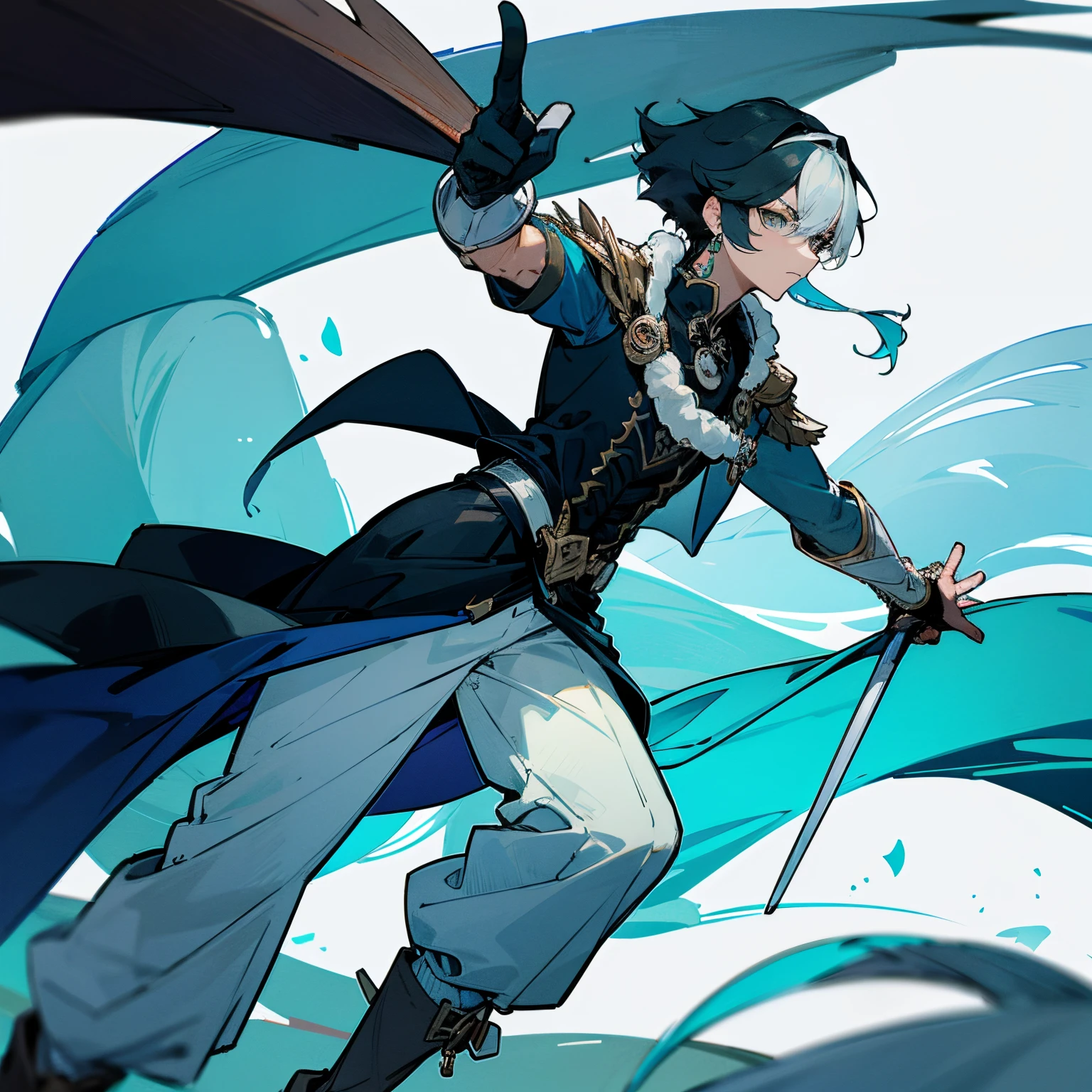 Homem da selva , de pele azul e quatro olhos, Wearing hunter's clothes, Alien Men , usando roupas detalhadas e branco, peitoral exposto, roupa apertada, olhos brancos, quatro olhos brancos. azul segurando arco, Clothing with volume in the pants, estilo genshin impact