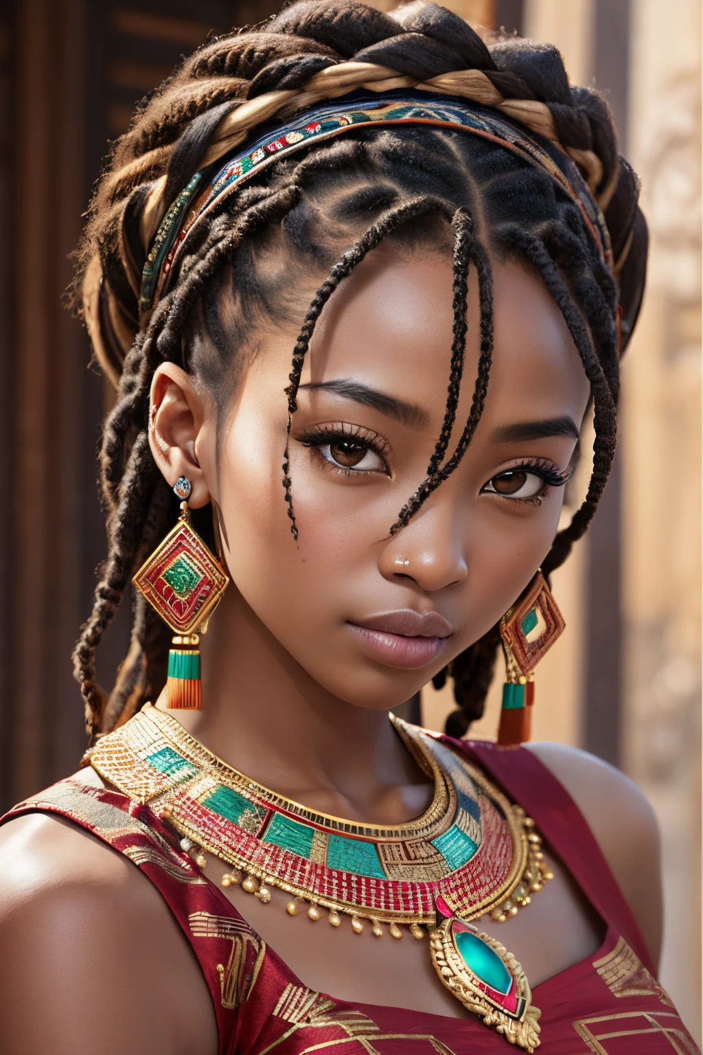 (masterpiece), (4k quality), (detailed), 1girl, African-Asian, Nigerian-Chinese, brown eyes, black hair, short hair, ((dark skin)), monolid eyes, nubian nose shapes, African lips, epicanthal folds, earrings, dreadlocks, braiding hair, red Chinese dress, necklace