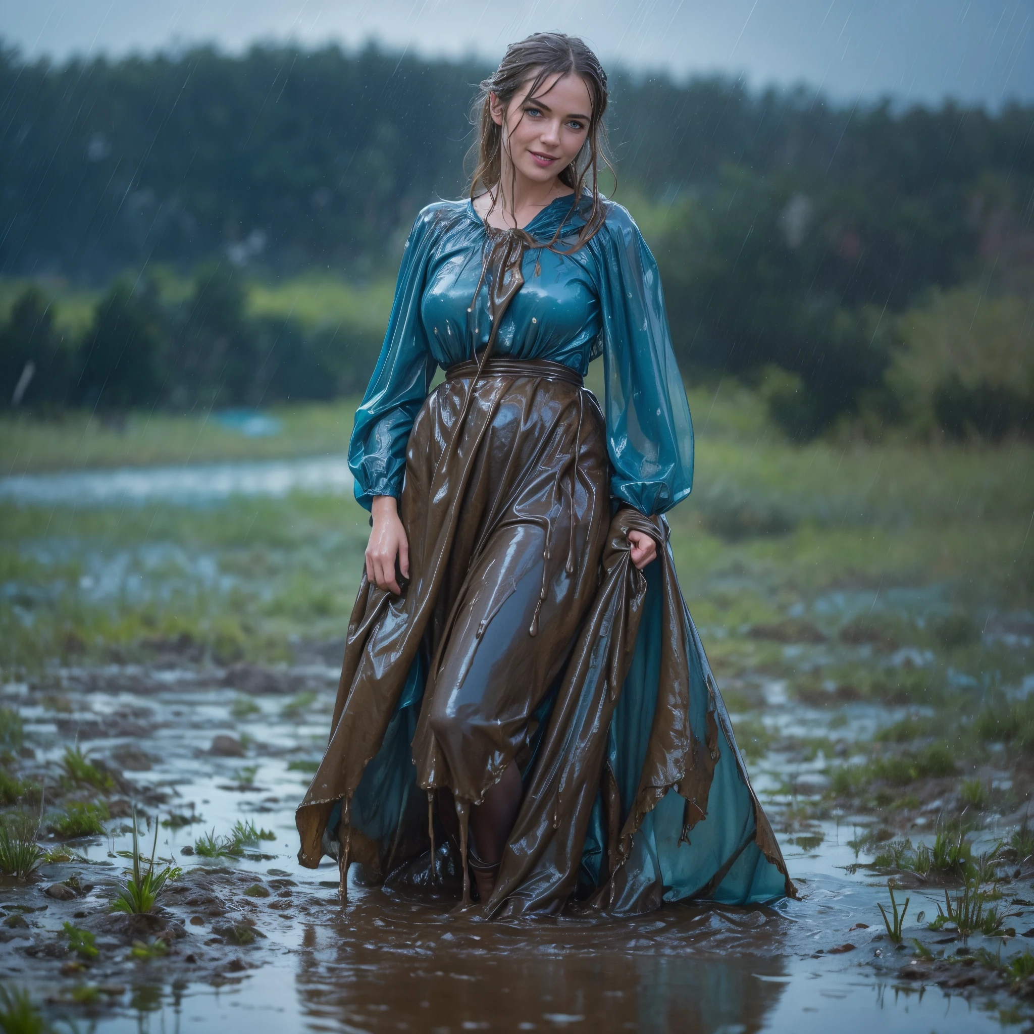 (masterpiece, best quality:1.2), cowboy shot, solo, 1girl, marianne von edmund, smile, looking at viewer, blue dress, capelet, wet clothes, soaked, dripping wet, wet hair, wet skin, translucent, glistening with oil, fully clothed, wet muddy field