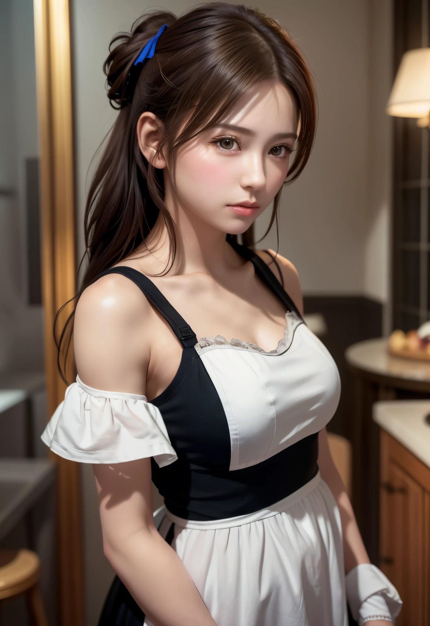 8K, of the highest quality, masutepiece:1.2), (Realistic, Photorealsitic:1.37), of the highest quality, masutepiece, Beautiful young woman, Pensive expression, Thoughtful look, Cute Maid Clothes, Hair tied back, Messy mood, Cinematic background, Tired, Light skin tone