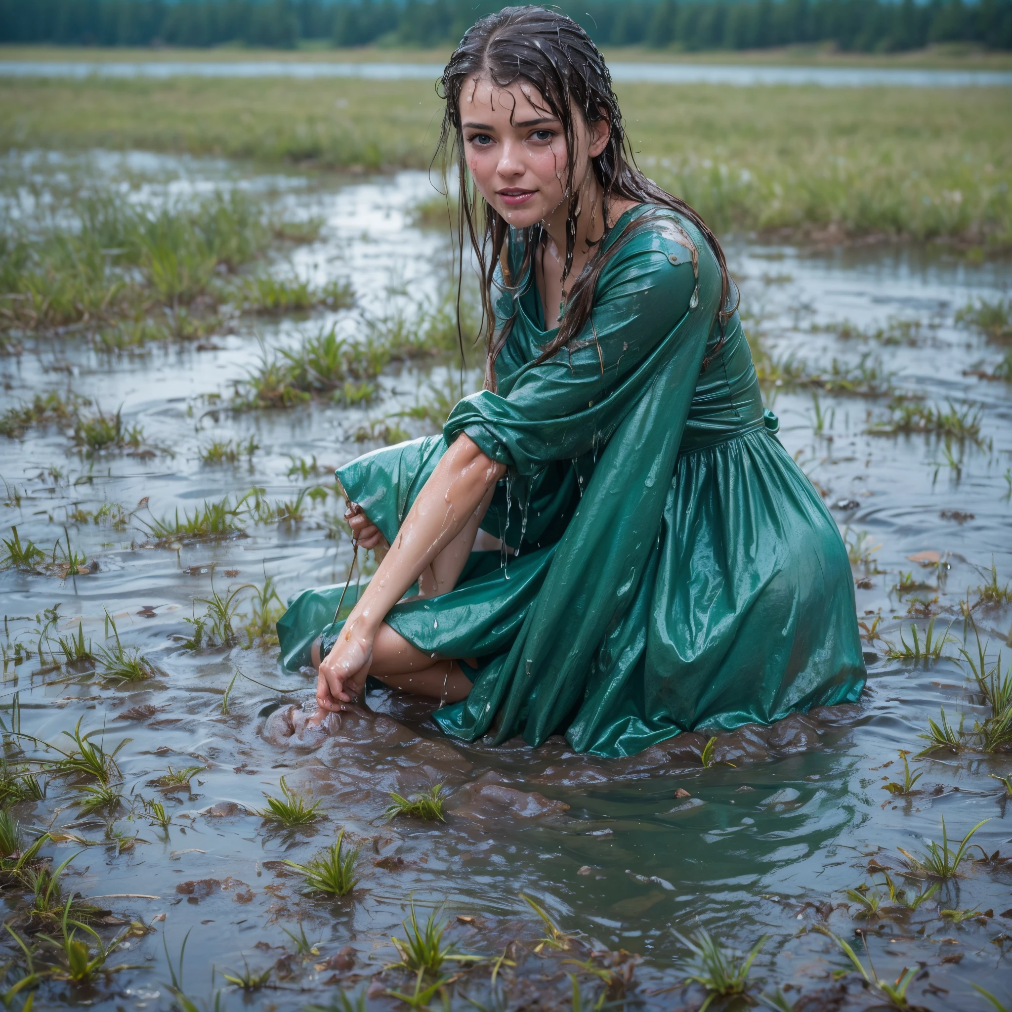 (masterpiece, best quality:1.2), cowboy shot, solo, 1girl, marianne von edmund, smile, looking at viewer, blue dress, capelet, wet clothes, soaked, dripping wet, wet hair, wet skin, translucent, glistening with oil, fully clothed, wet muddy field