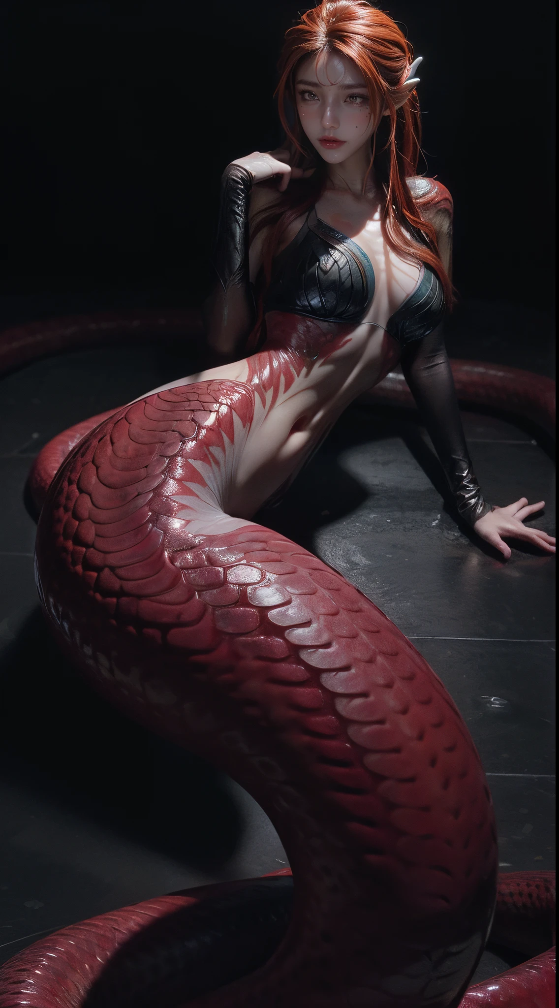 8K  UHD，RAW photo，Lamia,（mermaids:1.2），（Elongated snake tail:1.3），Red long-haired，The face is delicate，Skin is smooth and delicate，Full breasts，Crystal clear scales，Meticulous hands，（see-through gloves），Stand up，(Real Human:1.3)，(A high resolution:1.4)，(A detailed:1.5)，(photorealestic:1.7)，RAW photo，Portrait Photogram，RAW photo，超A high resolution，Foto realism，best qualtiy，(highdetailskin，skin detailed)，Visible Pore，Shiny skin，tmasterpiece，finedetail，Colorization，Extremely Delicately Beautiful，Extremely detailed 8k wallpaper，8K high quality，Digital SLR，beautifuldetails，(looking at viewert)，professional photograph lighting，Faraway view