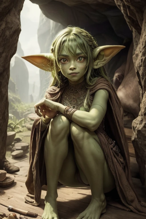 (masterpiece), (extremely intricate:1.3), (realistic), add_detail:1, sweet tooth is a female goblin, small, short, cute, 2 feet tall, light green dirty skin, long pointy ears, her sharp teeth are partially rotten, messy green hair hangs in tangles around her face, bright green eyes, She wears an oversize ragged and slightly revealing brown poncho, she is in a cave alone, casually talking, relaxed mood, slight smile, looking at viewer
