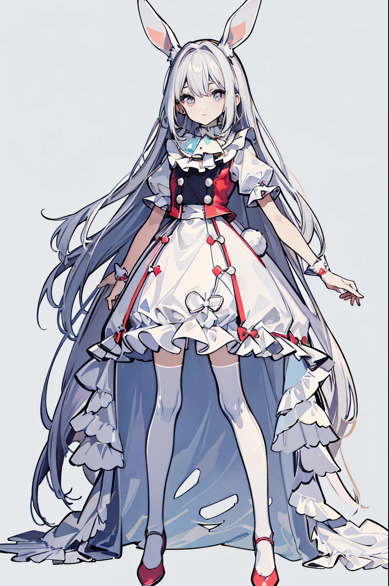 reference sheet, matching outfit, ((Best Quality)), ((Masterpiece)), (Character full body), (((best quality, high quality))), ((((UHD, highres))), (concept art), 1 girl, standing full-body, Clear facial features,Simple line design,Transparent background,(tmasterpiece,top Quority,best qualtiy, Clear facial features,beautidful eyes,beauitful face), beautiful, (((simple detailed))) (((white background))) 6 and a half heads full body, clown, ???, rabbit doll,