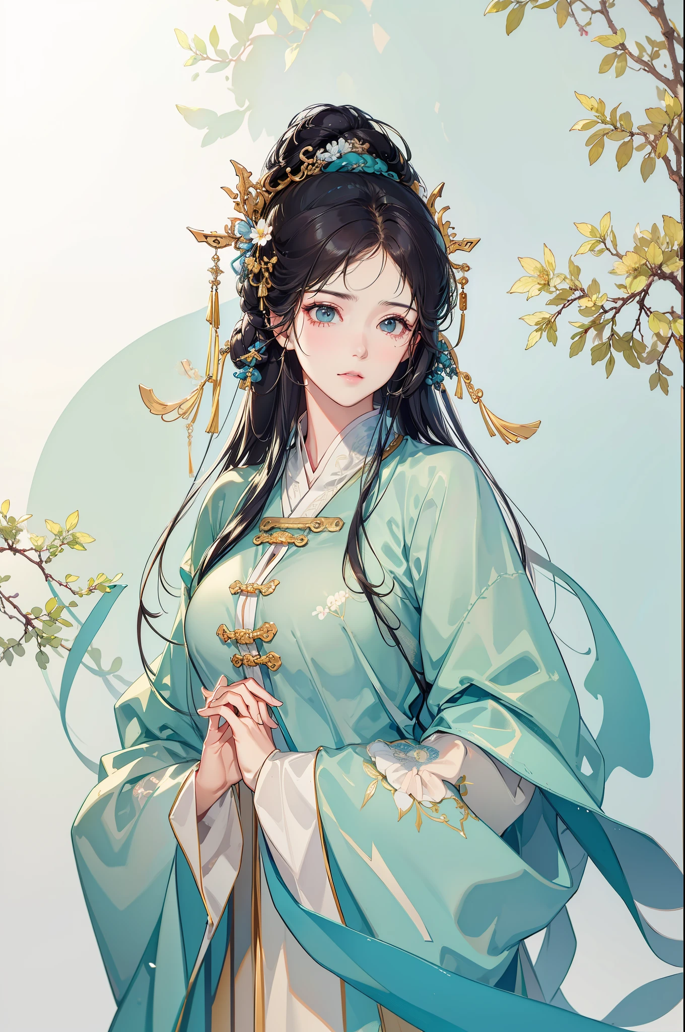 A beautiful girl in ancient China, cold temperament, gray-white clothes, flowing clothes, loose, Song dynasty clothes, gray-white, long black hair, hairpins, huge willow trees, farmland, fields, standing under trees, sunshine, clear face, masterpiece, ultra-detailed, epic composition, high quality, highest quality, main colors: light green, gray. Background: lots of light green, off-white background, simple elements. Bust, back, figure on the left, person on the left. White space on the right and white space on the right. If you can't see your hands, don't see them.